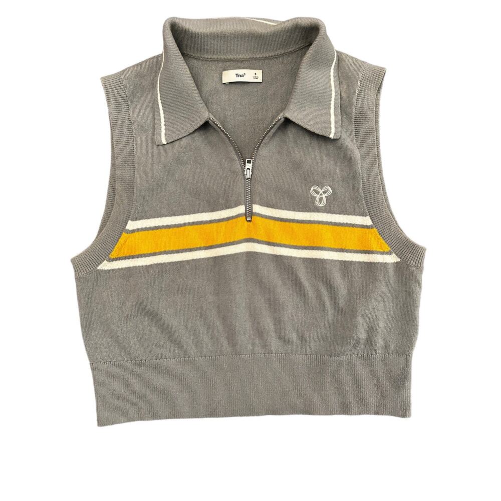 Aritzia Zipped Striped TNA Sweater Vest Dusty Grey white yellow S Top Shirt